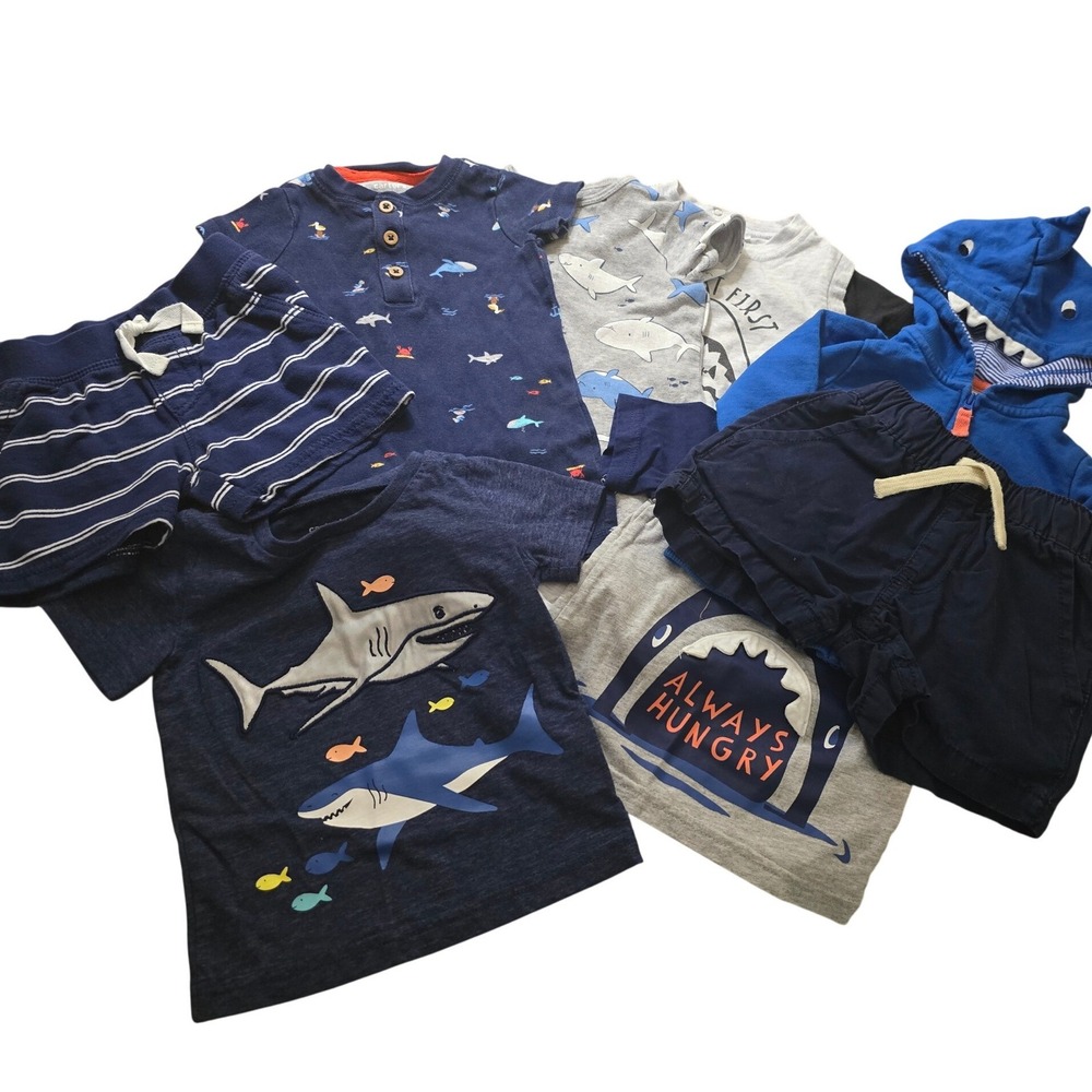Carters and Place Baby Boy Shark Clothing Lot 7pc Navy Hoodie Shorts Tees 6 M
